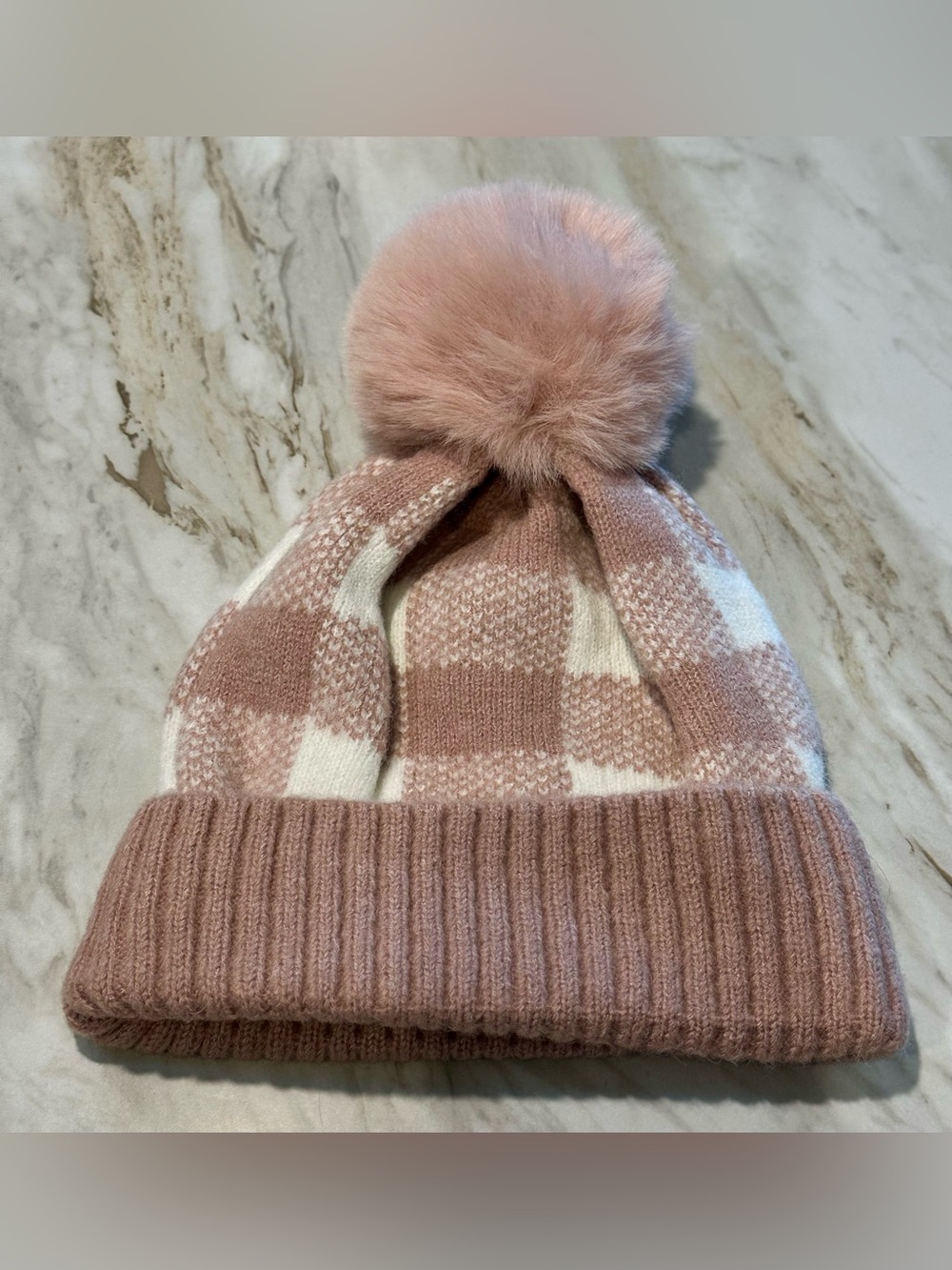 Women’s OSFM Dusty Rose Check Removable Pom Beanie Hat